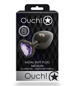 Ouch  Purp Heart Gem Metal Blk Plug Med