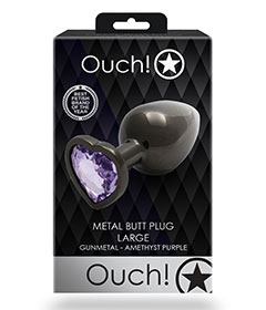 Ouch  Purp Heart Gem Metal Blk Plug Lrg